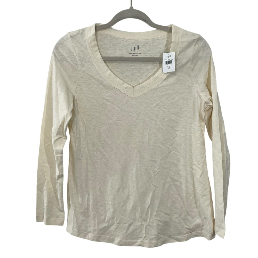 NWT J. Jill Ivory‎ Voile Trim Slub Tee V Neck Long Sleeve Cotton Women XS Shirt